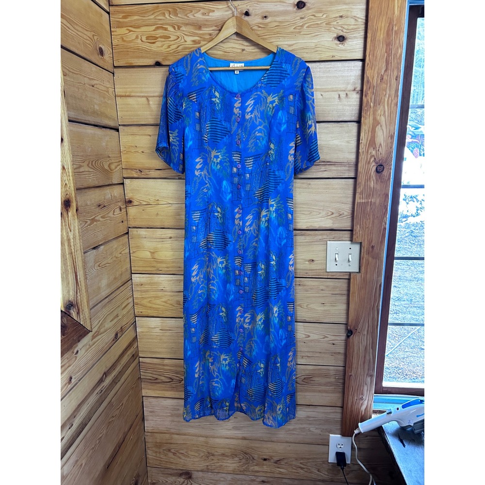 Vintage Blue Abstract Print Button Front Midi Dress Womens‎ Medium Parables